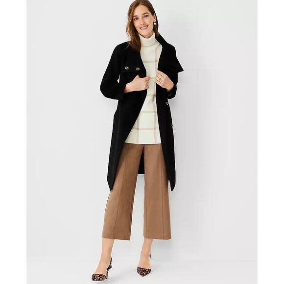 New Ann Taylor Sz XS solid Black Wool Blend Belted Funnel Neck Coat  pea coat - Picture 1 of 7